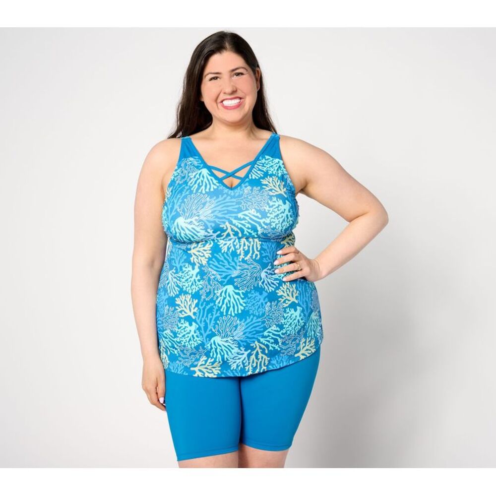 Gloria Vanderbilt Women's Plus Sz Swimsuit 18 Denim & Co. Beach Blue A634815